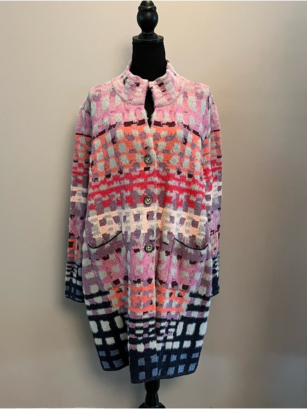 NIC+ZOE Multicolor Geometric Knit Cardigan in PinK, Purple, & Navy, Size XL